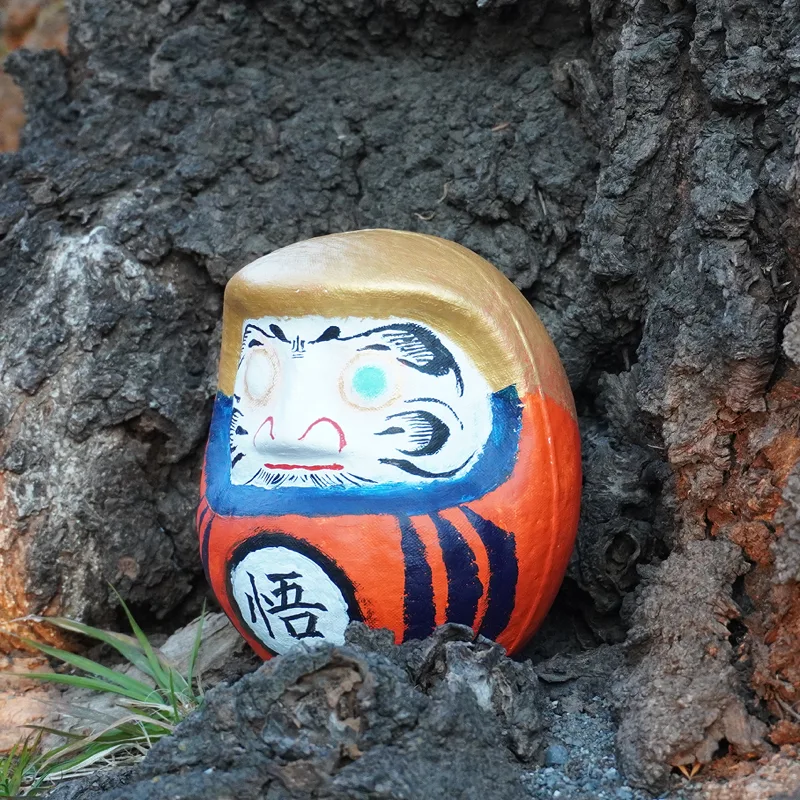 屋外で撮影されたオレンジのだるま作品