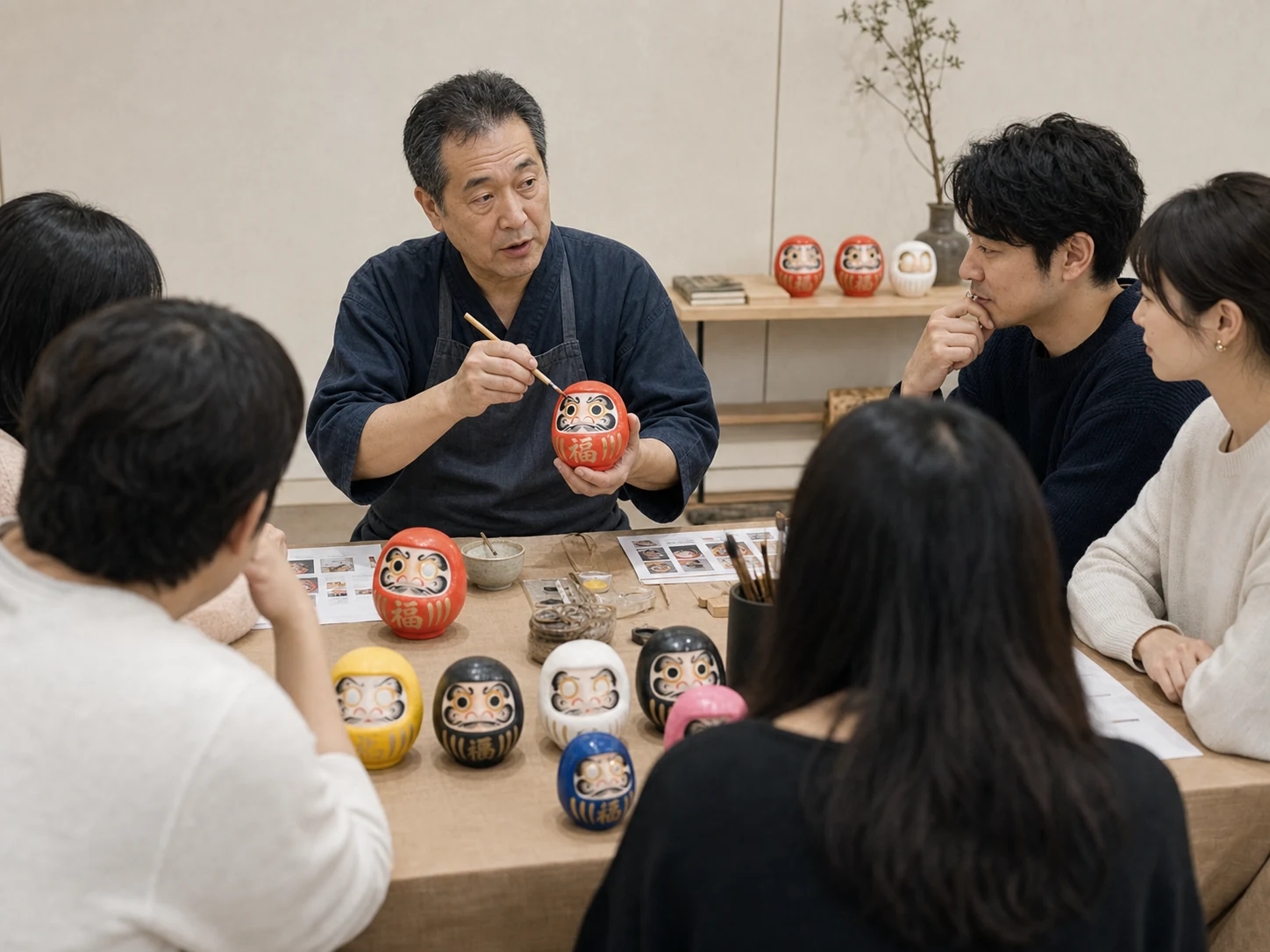 職人が参加者にだるまの歴史や絵付けのポイントを説明している場面