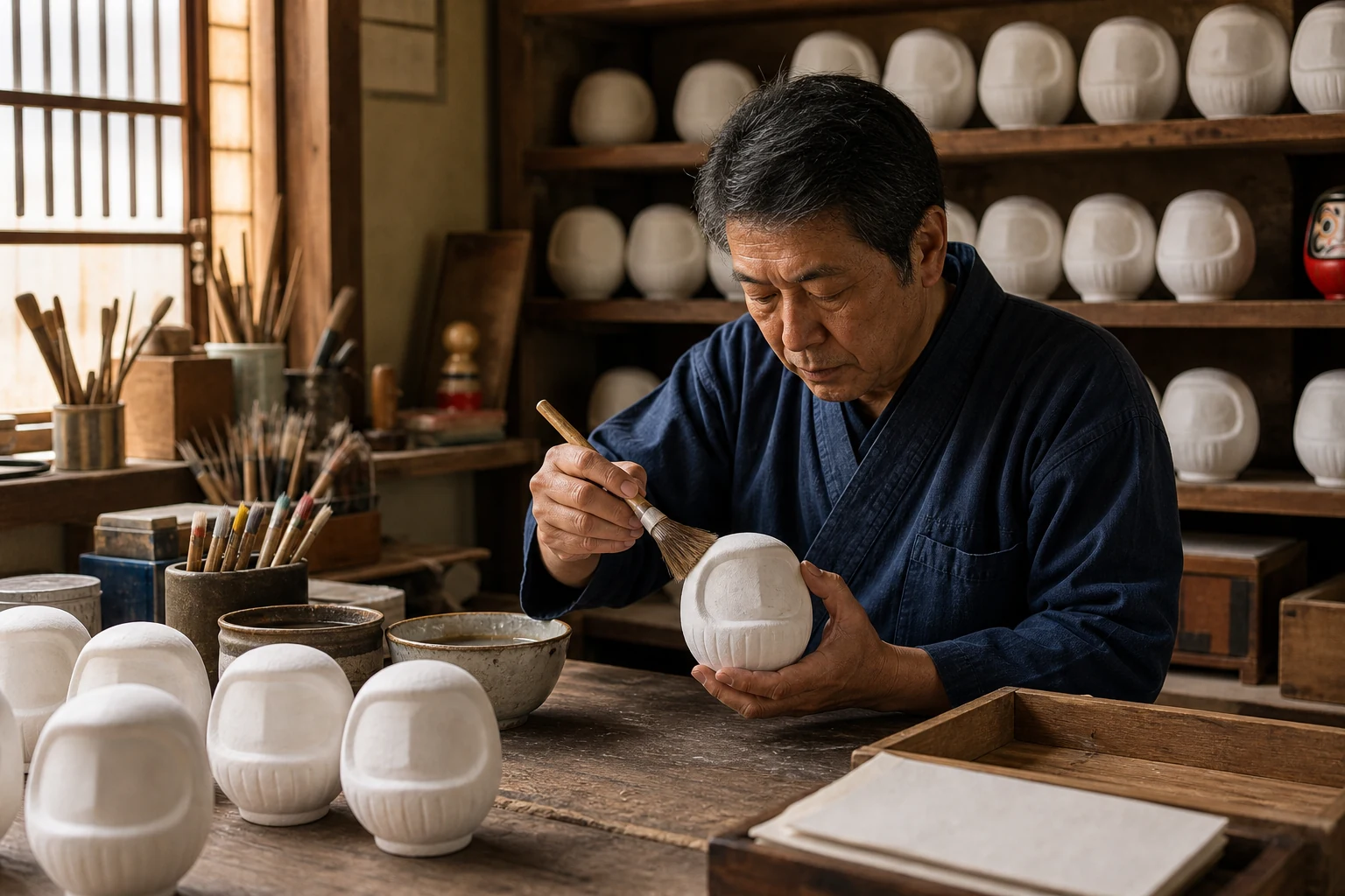工房で職人が白いだるまのベースを制作している様子