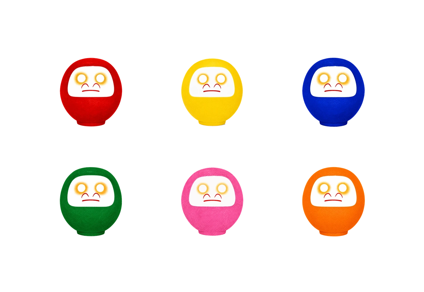 赤、黄、青、緑、ピンク、オレンジの顔付きだるま