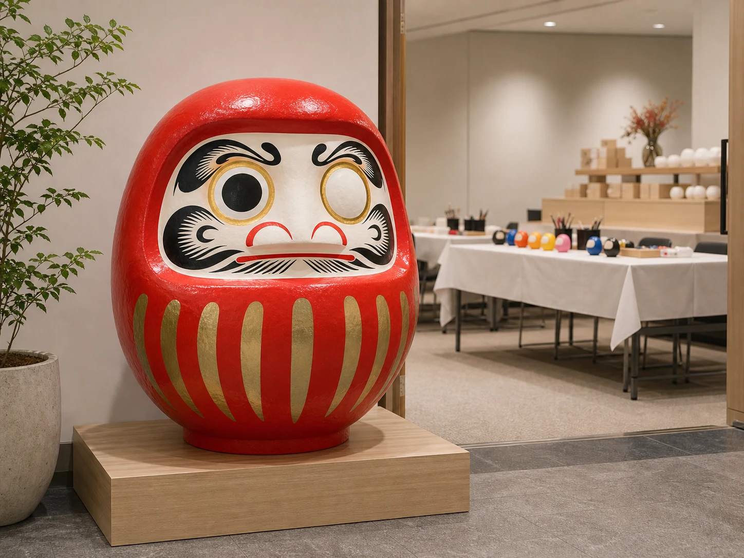 会場入口に約75cmの特大だるまを置いたディスプレイ