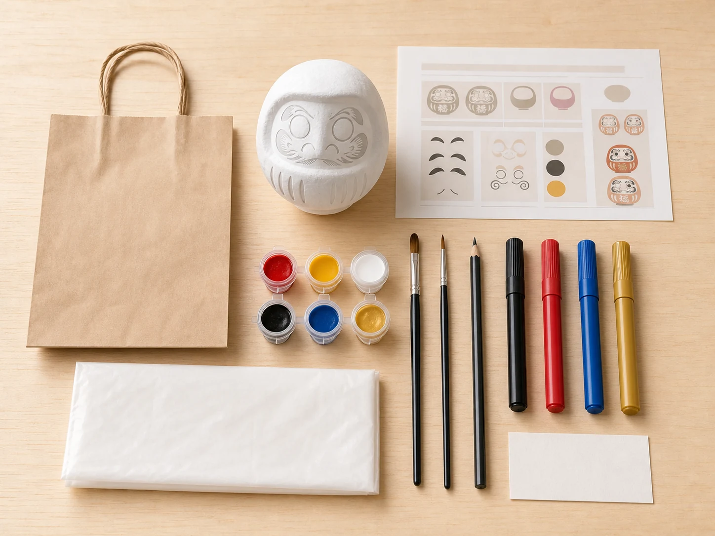 筆、マーカー、絵具、下書き用紙、保護シート、持ち帰り袋などの備品一式