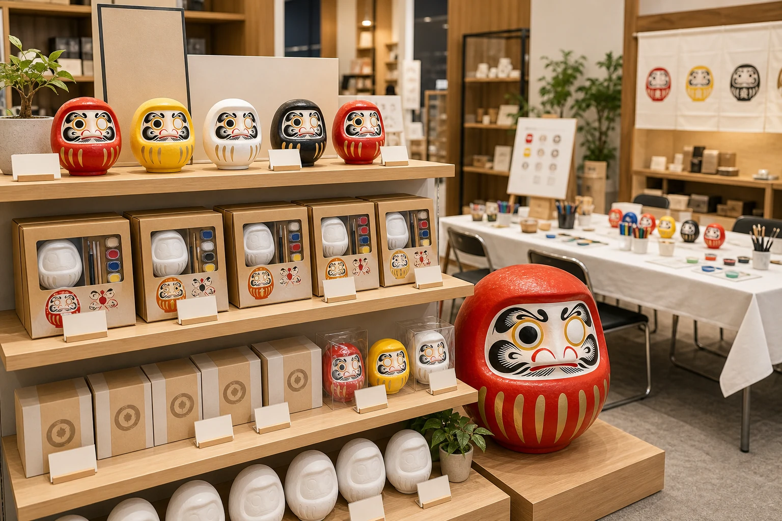 ワークショップブース横にDaruma Kit、完成品だるま、POP、特大だるまを並べた物販棚