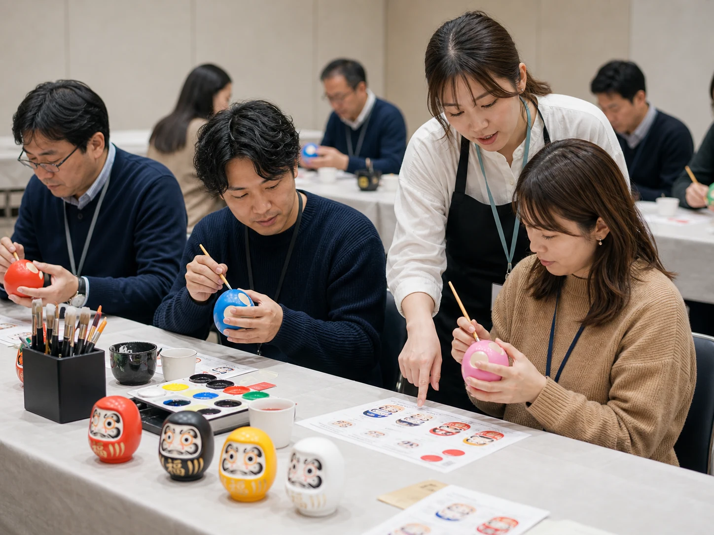 スタッフが参加者にだるま制作を案内している様子