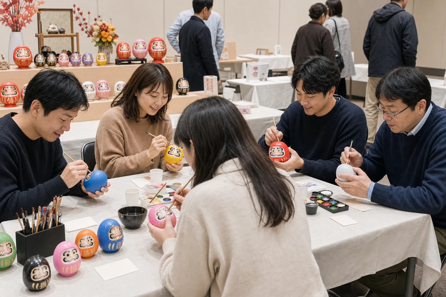 文化イベントで参加者がだるま絵付けを体験しているブース