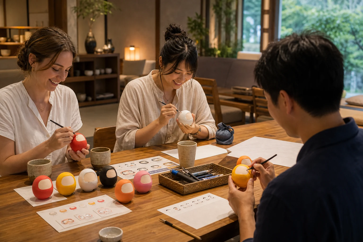 宿泊施設のラウンジでだるま絵付け体験を行っている様子