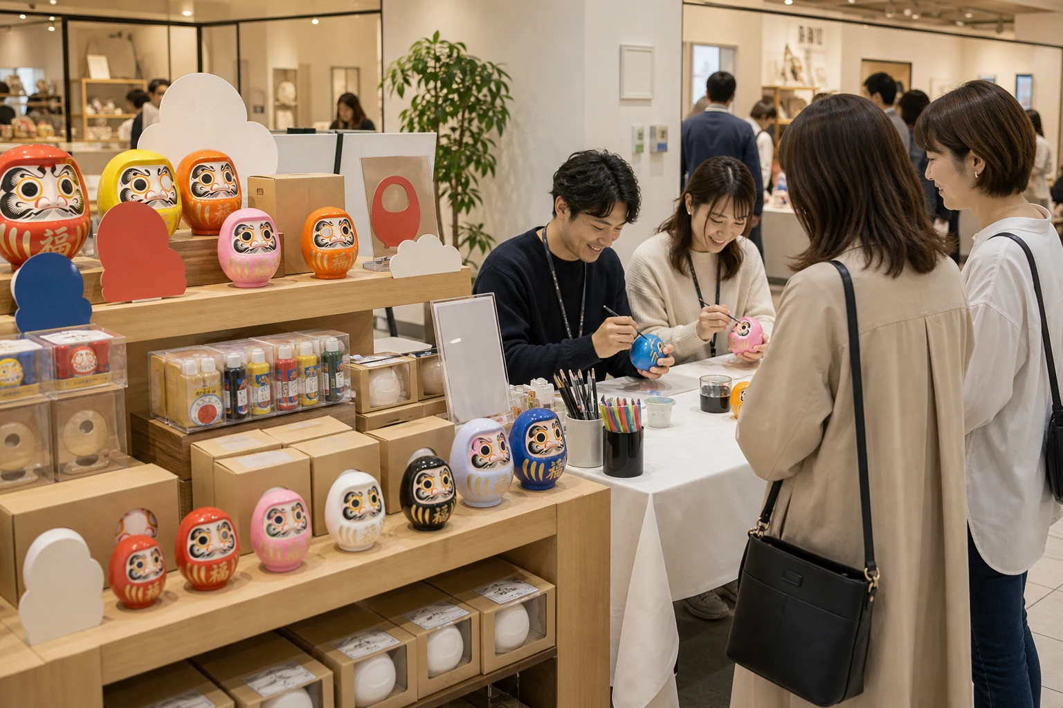 店舗やPOPUPでだるま体験と物販棚を並べた導入イメージ