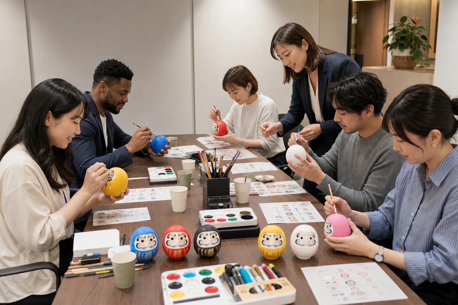 企業イベントで参加者が同じテーブルを囲んでだるまを制作している様子